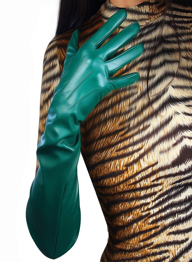 DooWay Women Long Leather Gloves Faux Lambskin PU 20-inches Kelly Green Wide Sleeves Elbow-Length Gauntlet Gloves - Image 4